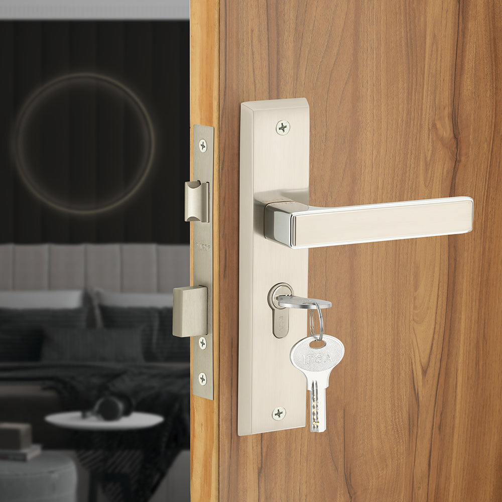 IPSA Teal Iris Handle Series on 8" Plate CYS Lockset with 60mm Both Side Key - Matte Satin Nickel Finish CPS